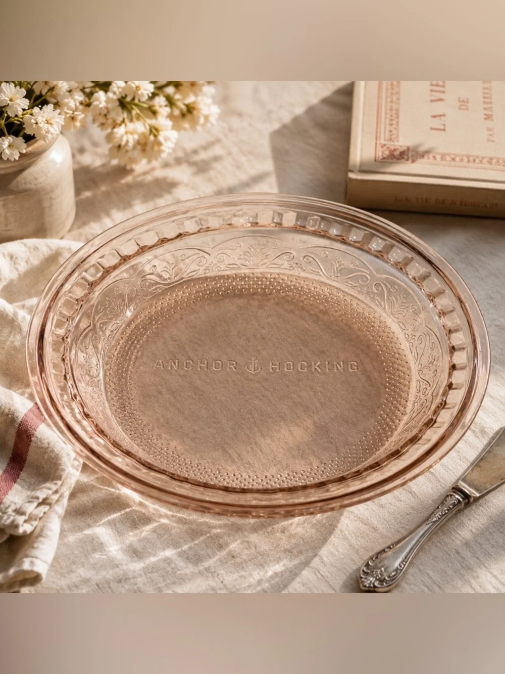 Vintage Anchor Hocking Savannah Pink Glass Pie Plate Quiche Dish Floral